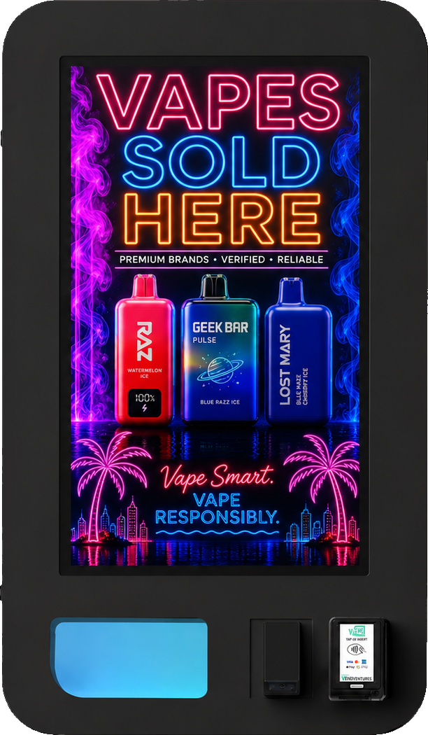 Slim wall vape vending machine with Vapes Sold Here banner
